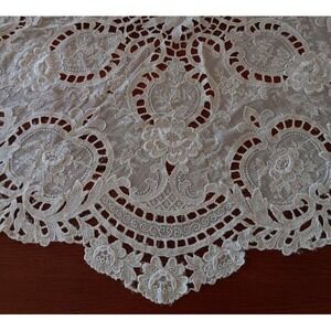 Vintage Schiffli Net Lace Tablecloth Dotted Floral Topper Ecru 31"